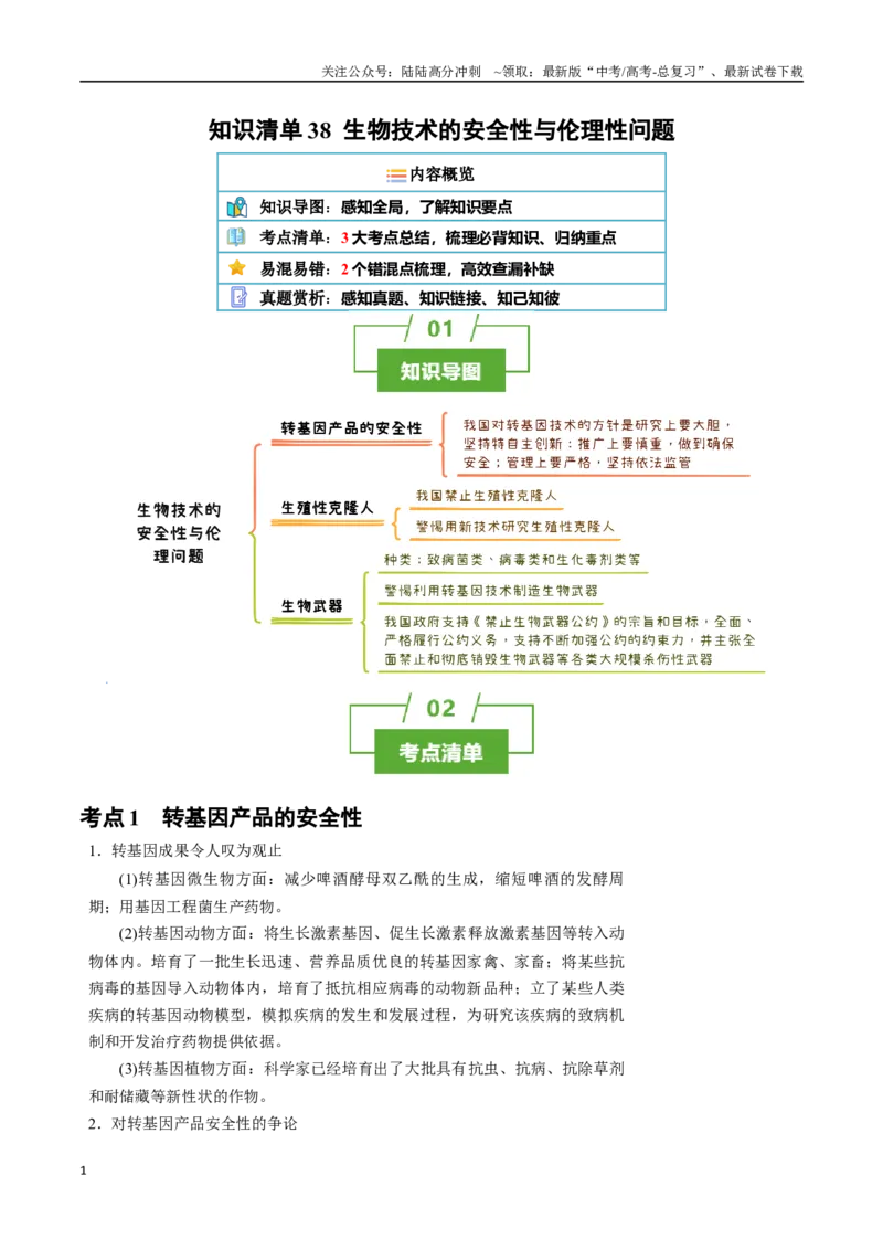 《知识清单38生物技术的安全性与伦理性问题（3大考点+2个易错点）_06-生物-高考总复习_一轮复习_2025年_2025年高考生物一轮复习知识清单（全国通用）》第1页预览