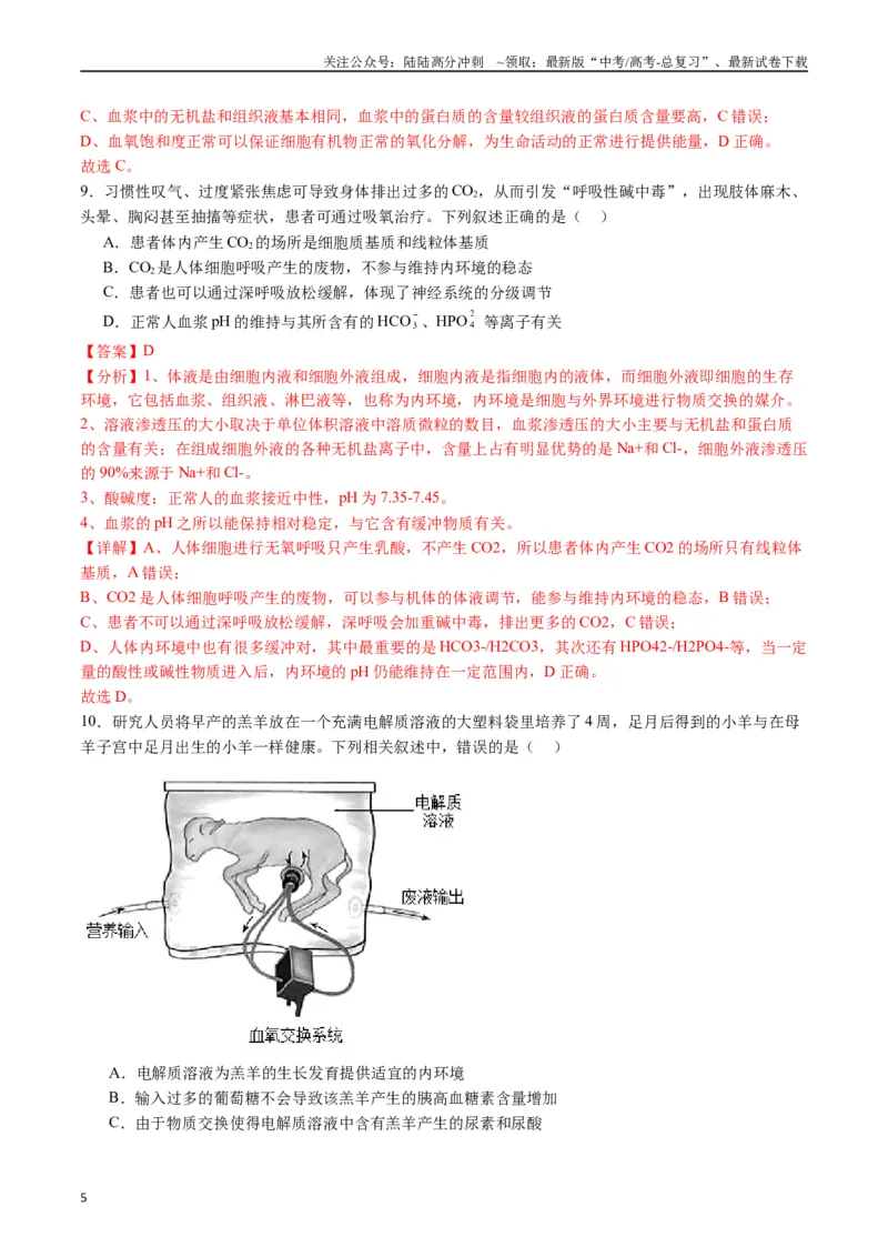 《专题16内环境及其稳态（解析版）_06-生物-高考总复习_专项复习_2024年_2024年高考生物经典小题必刷_资料》第5页预览