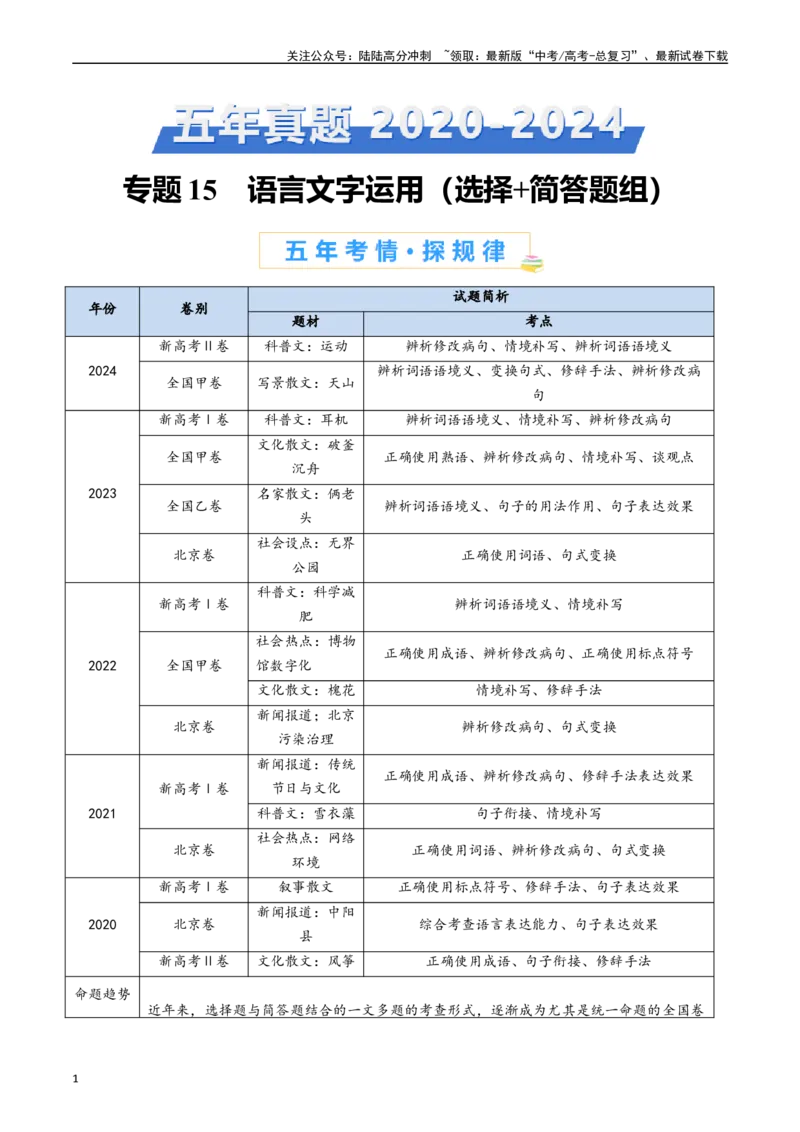 《专题15语言文字运用（选择+简答题组）（解析版）_专项复习_2024年_2024年高考语文真题分类汇编（全国通用）》第1页预览