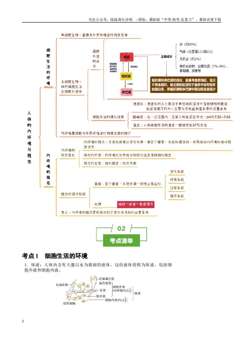 《知识清单19人体的内环境稳态（2大考点+4个易错点）_06-生物-高考总复习_一轮复习_2025年_2025年高考生物一轮复习知识清单（全国通用）》第2页预览