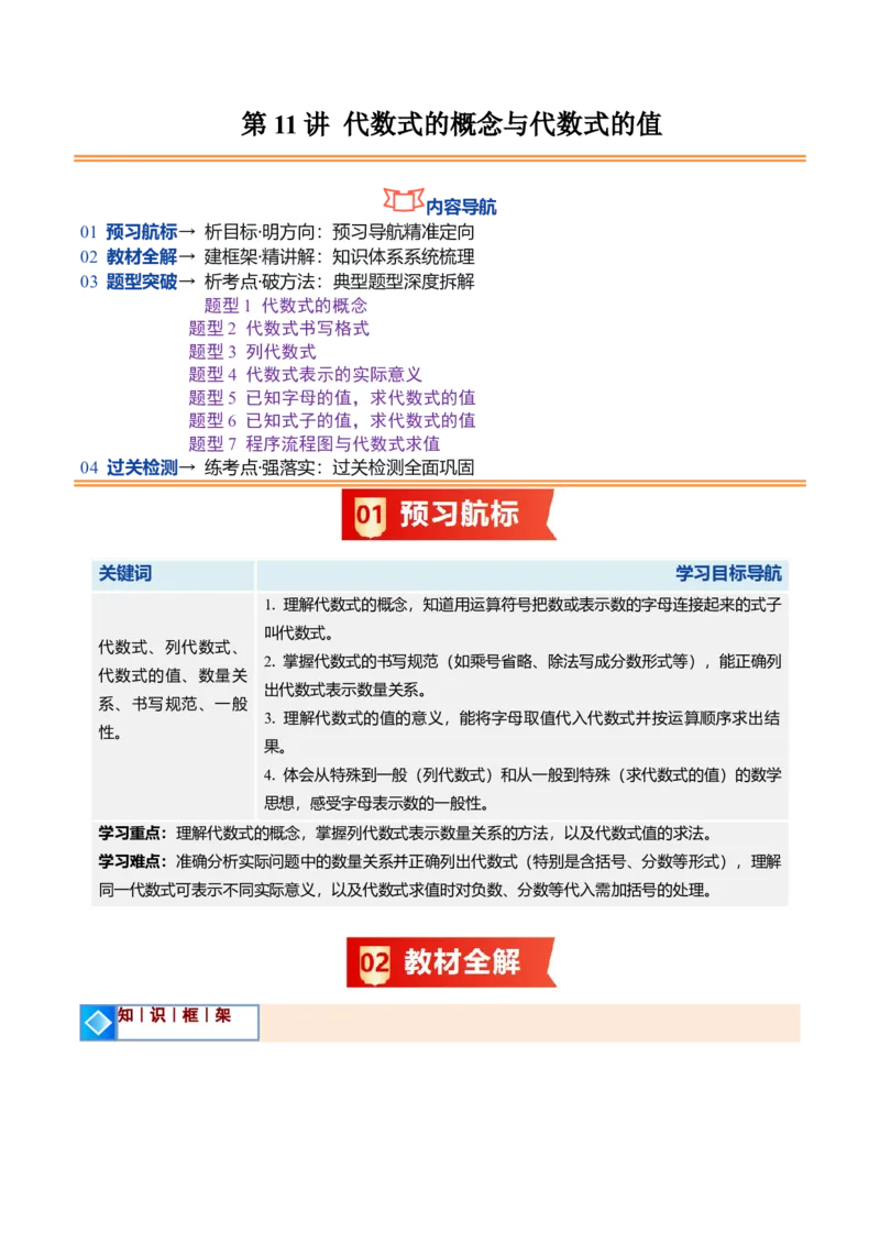 《北师2026版《暑假预习讲义》第11讲代数式的概念与代数式的值（7类重点题型+过关检测，暑假预习讲义）（原卷版）新七年级数学新教材北师大版_26秋初中教辅资料》第1页预览