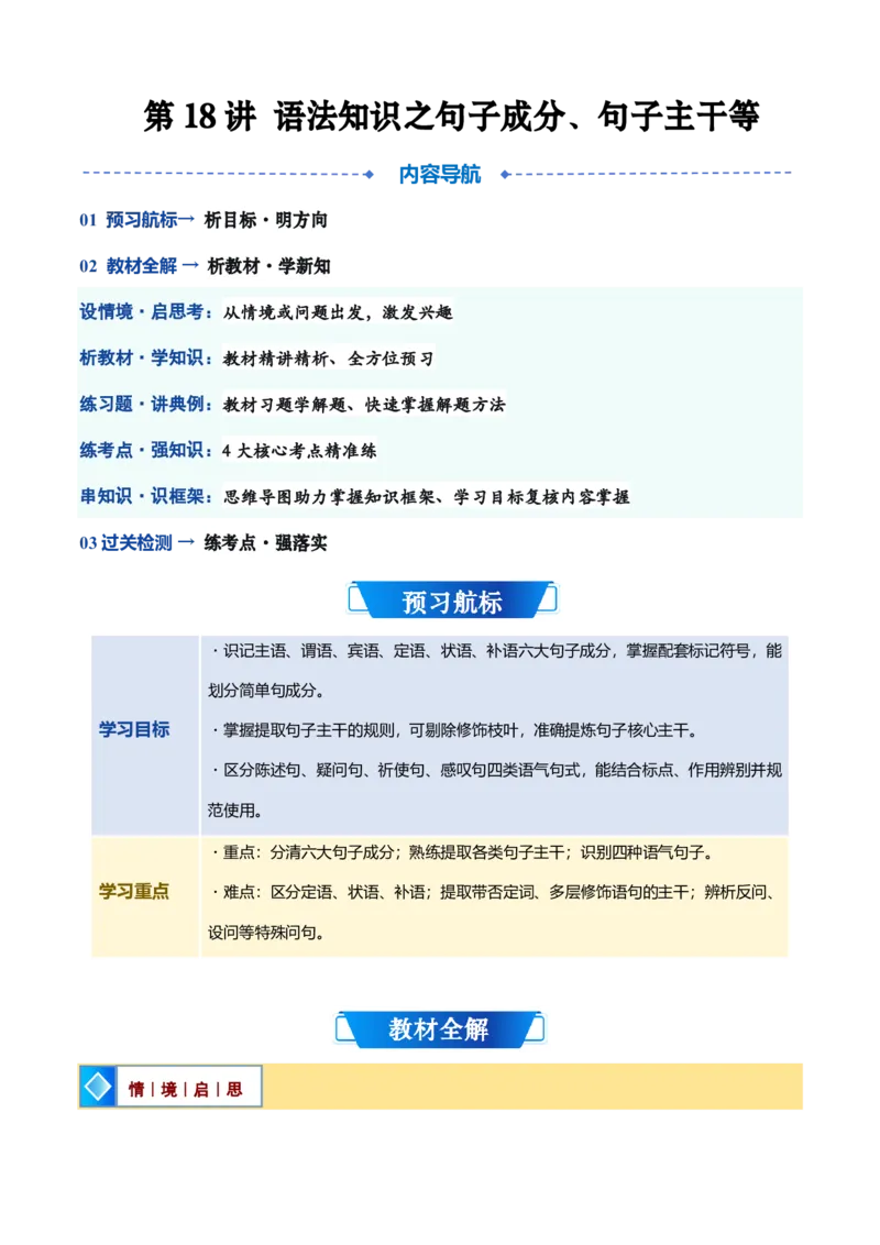 《统编2026年《暑假预习讲义》第18讲语法知识之句子成分、句子主干、句子语气（暑假预习讲义）（自学课）（原卷版）_26秋初中教辅资料_26秋初中《暑假预习》》第1页预览