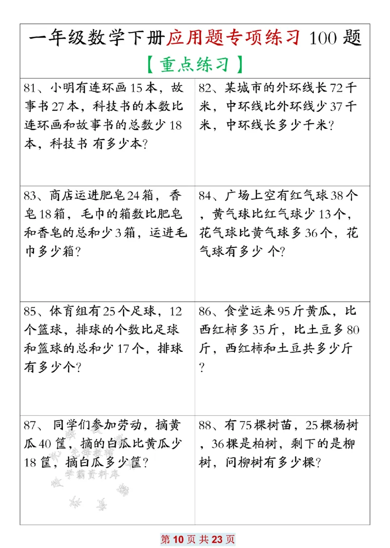 《一年级数学下册应用题专项练习100题SY_1年级下册同步教辅_1下-数学_一下数学-专项练习题》第10页预览