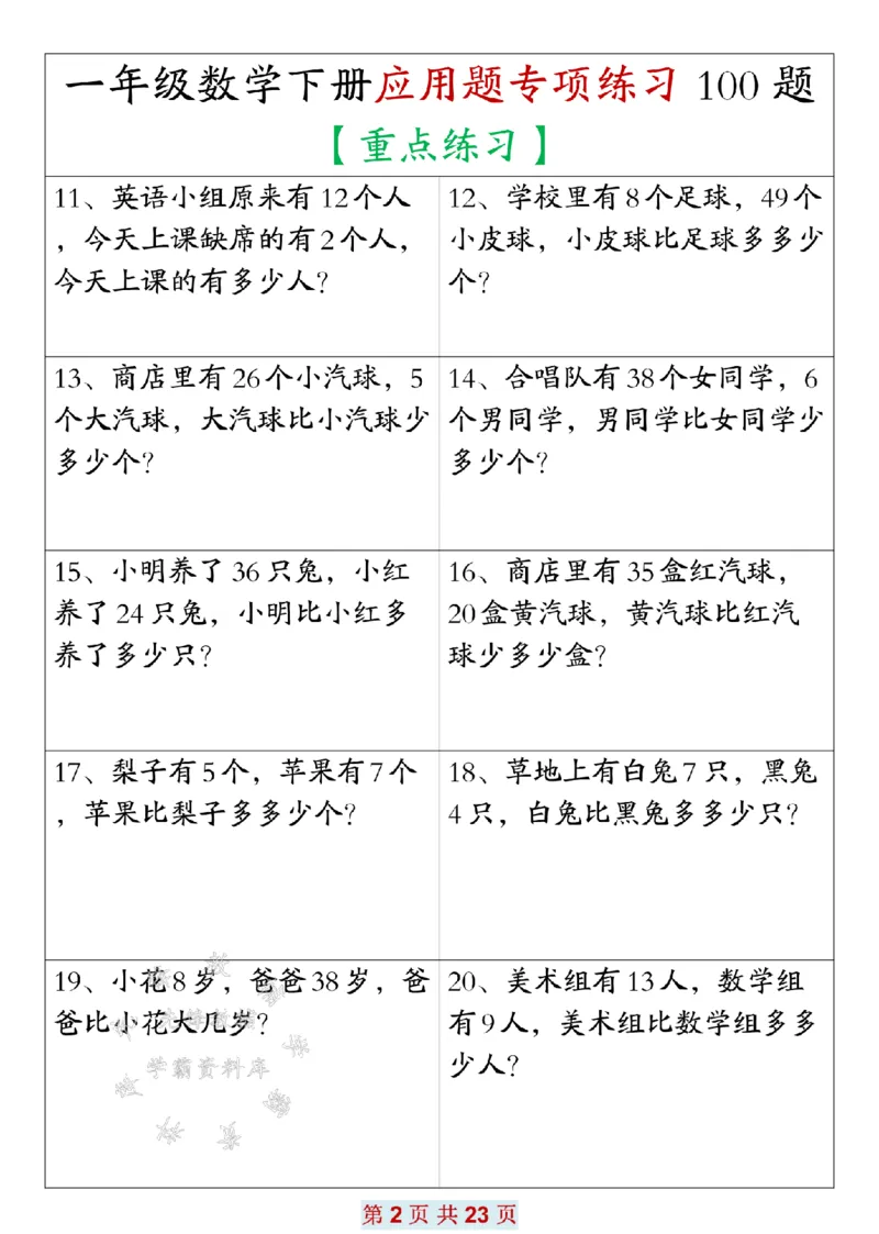 《一年级数学下册应用题专项练习100题SY_1年级下册同步教辅_1下-数学_一下数学-专项练习题》第2页预览
