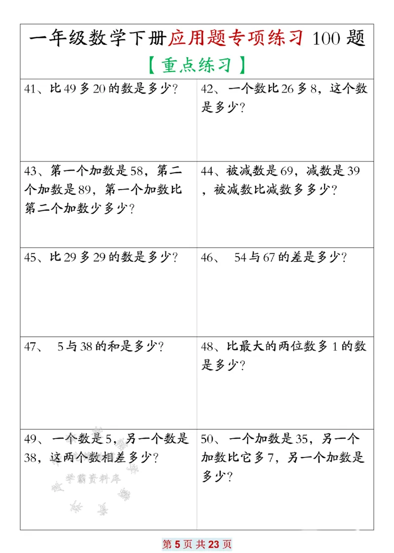 《一年级数学下册应用题专项练习100题SY_1年级下册同步教辅_1下-数学_一下数学-专项练习题》第5页预览