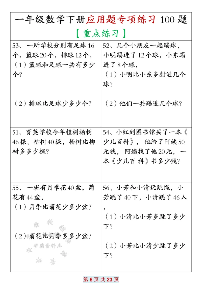 《一年级数学下册应用题专项练习100题SY_1年级下册同步教辅_1下-数学_一下数学-专项练习题》第6页预览
