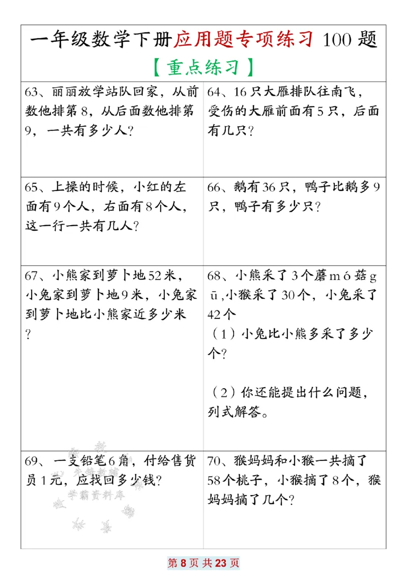 《一年级数学下册应用题专项练习100题SY_1年级下册同步教辅_1下-数学_一下数学-专项练习题》第8页预览
