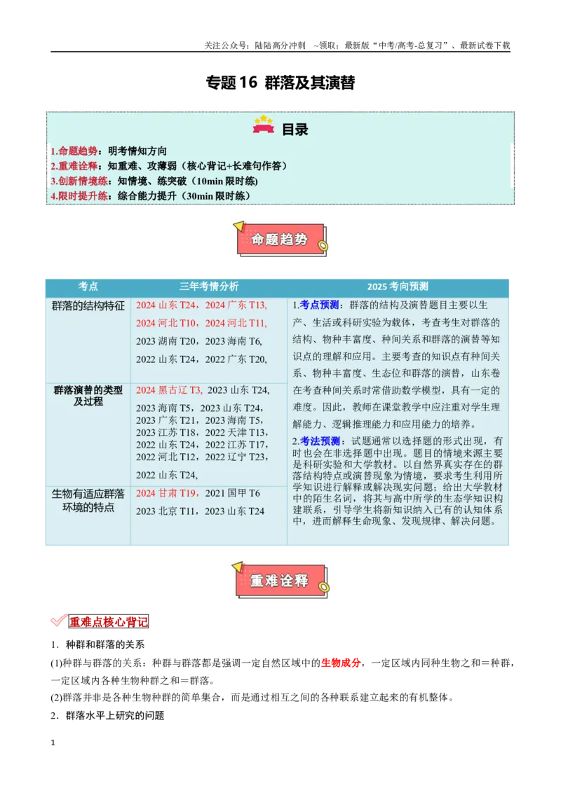《专题16群落及其演替（原卷版）_06-生物-高考总复习_专项复习_2025年_2025年高考生物重难点讲义专练（新高考通用）》第1页预览