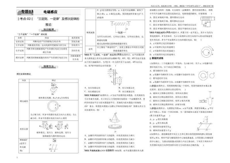 《考点02“三定则、一定律”及楞次定律的推论（原卷8K版）_04-物理-高考总复习_一轮复习_2024年_2024年新高考物理一轮专题复习方略_资料_第十三章电磁感应(11)份》第1页预览