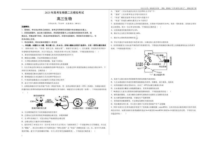 《生物（河南卷）（考试版A3）_06-生物-高考总复习_二轮复习_2025年_2025年高考生物第二次模拟卷26套_生物（河南卷）》第1页预览