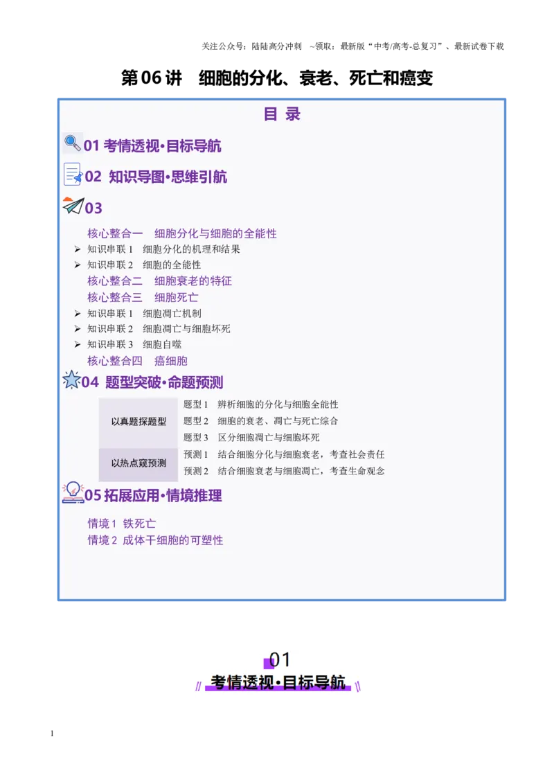 《第06讲细胞的分化、衰老、死亡和癌变（讲义）（学生版）_06-生物-高考总复习_二轮复习_2025年_2025年高考生物二轮复习课件+讲义+练习（新高考通用）》第1页预览