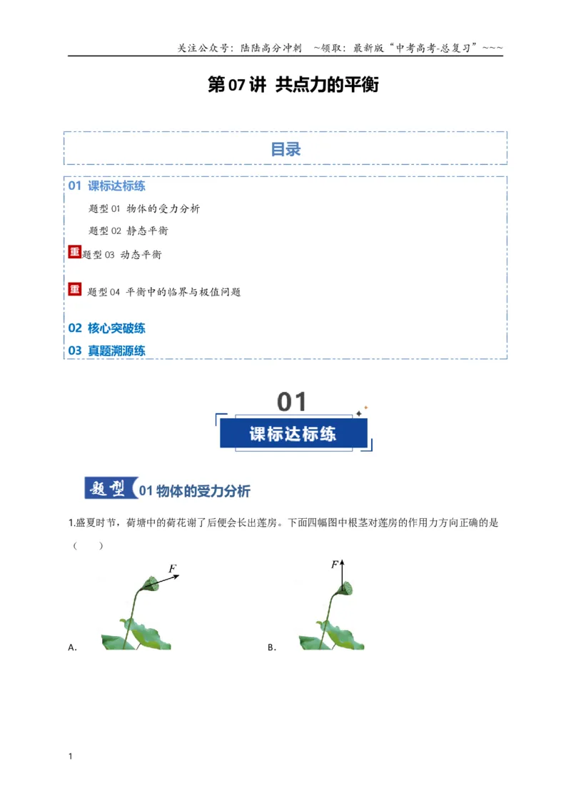 《第07讲共点力的平衡（专项训练）（四川专用）（学生版）_04-物理-高考总复习_一轮复习_2026年-物理高考一轮复习_2026年高考物理一轮课件+讲义+练习（四川专用）-G335》第1页预览