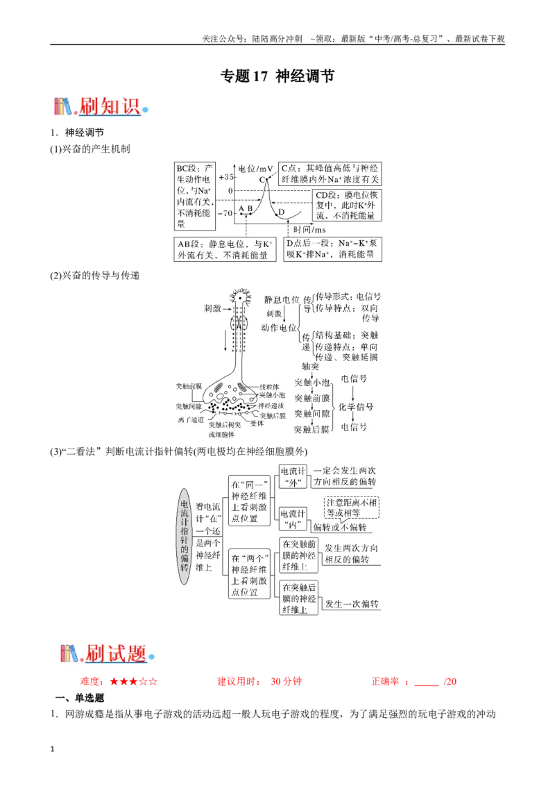 《专题17神经调节（原卷版）_06-生物-高考总复习_专项复习_2024年_2024年高考生物经典小题必刷_资料》第1页预览