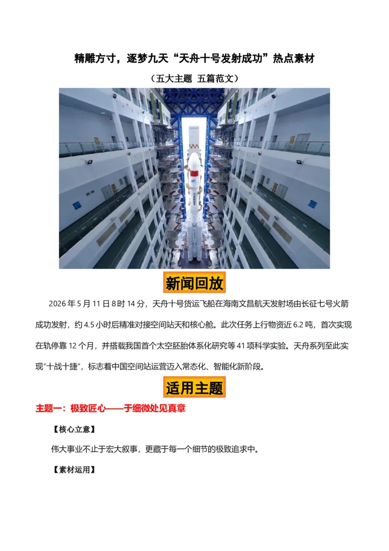 《精雕方寸，逐梦九天“天舟十号发射成功”热点素材（五大主题五篇范文）_专项复习_2026年-语文专项复习_422026年高考作文热点新闻素材积累解读与习作训练》第1页预览