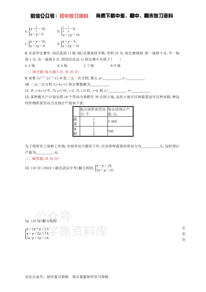 《七年级数学下册第八章二元一次方程组测评新版新人教版_初中数学期中卷+期末卷+单元卷+月考卷_初中数学单元测试_人教版_人教版_人教版7下数学单元测试》第2页预览