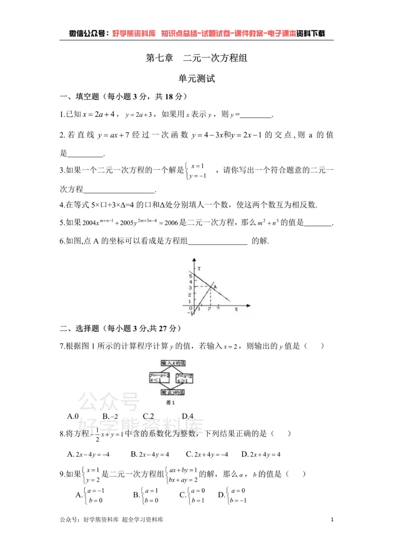 《《二元一次方程组》单元测试1_初中数学期中卷+期末卷+单元卷+月考卷_初中数学单元测试_鲁教版_七下》第1页预览