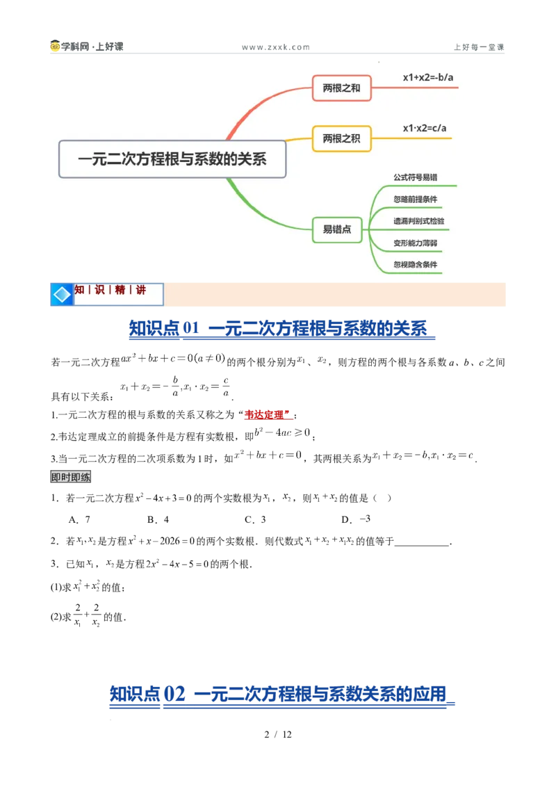 《苏科2026年《暑假同步预习讲义》第06讲一元二次方程根与系数的关系10大题型（暑假预习讲义）（原卷版）_26秋初中教辅资料_26秋初中《暑假预习》》第2页预览