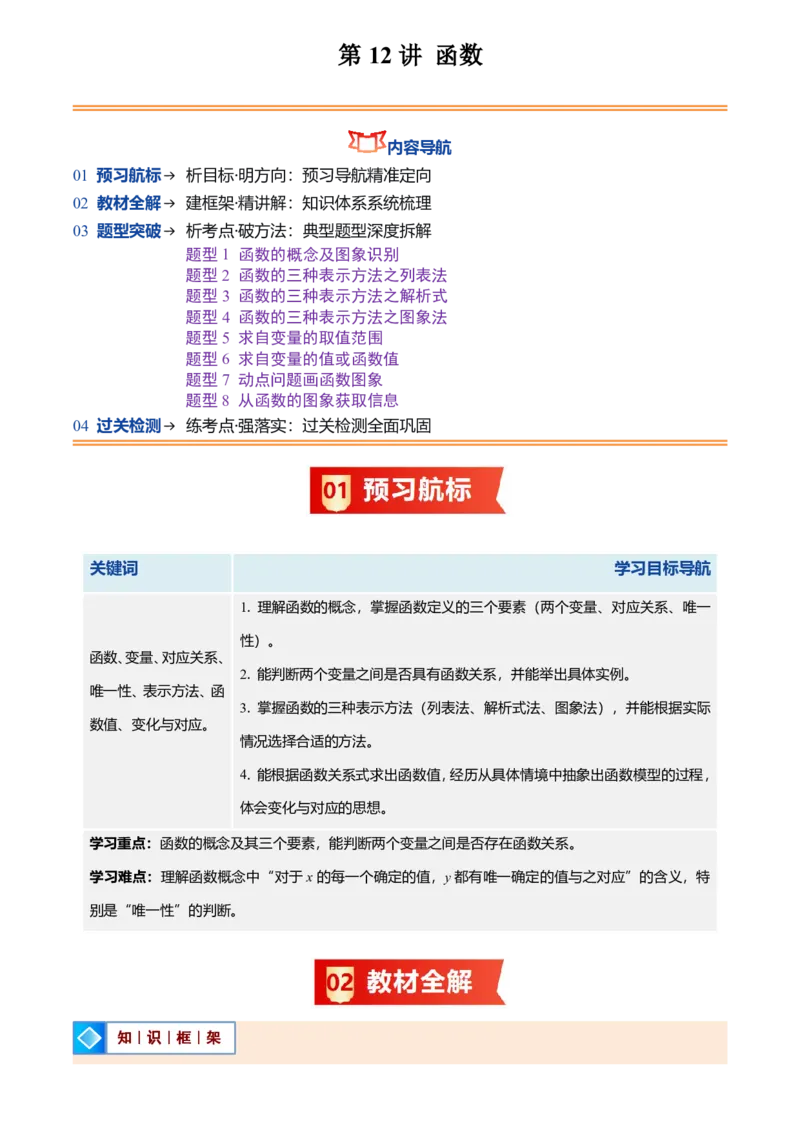 《北师2026版初中《暑假预习讲义》第12讲函数(8类重点题型+过关检测)(解析版)_26秋初中教辅资料_26秋初中《暑假预习》_（数学）2026版初中《暑假衔接讲义》新8年级上册（北师）》第1页预览