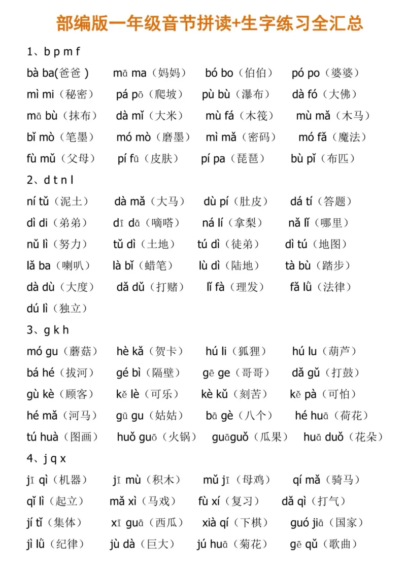 《一年级音节拼读和练习汇总_1年级上册同步教辅_1上语文_一上语文-拼音练习》第1页预览