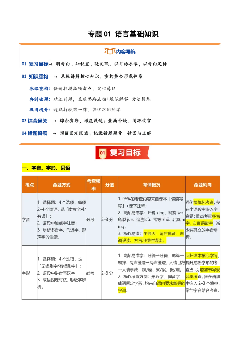 《统编2026年《暑假复习讲义》专题01语言基础知识（暑假复习讲义）（原卷版）_26秋初中教辅资料_26秋初中《暑假预习》_2026秋《暑假自学课》9上语文（人教版）》第1页预览