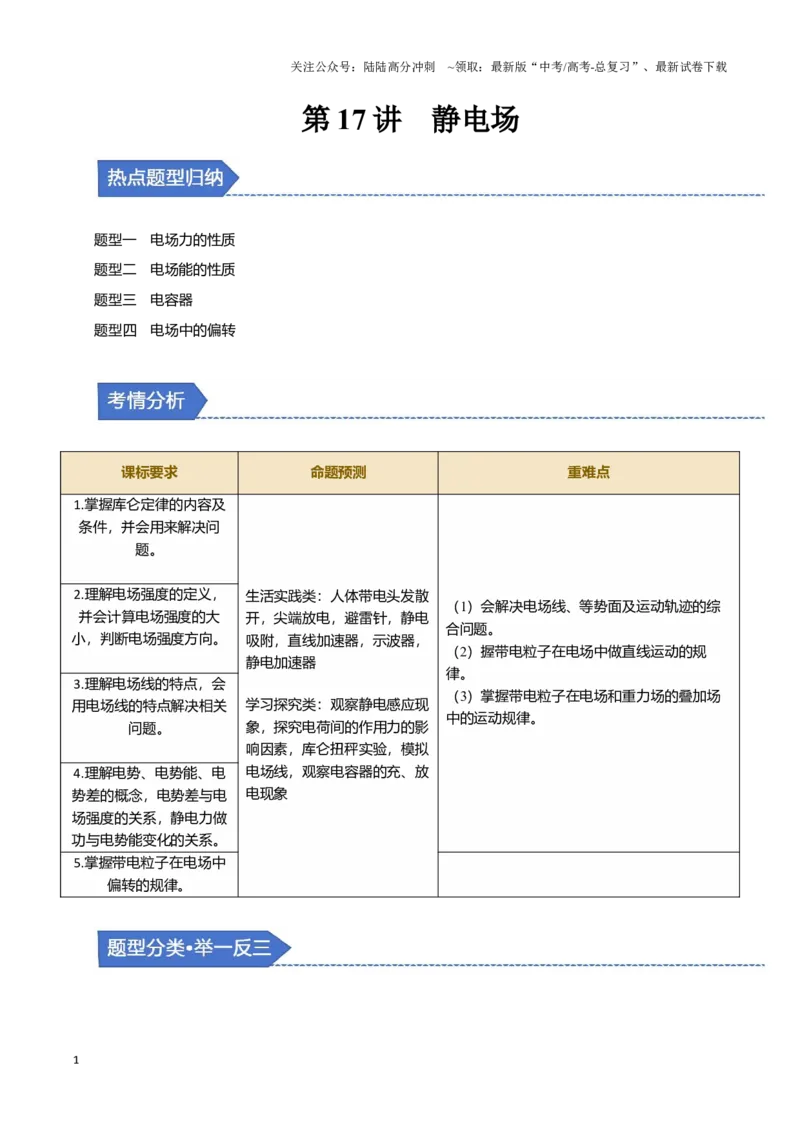 《第17讲静电场（四大题型）（举一反三）（教师版）_04-物理-高考总复习_专项复习_2025年_2025年高考物理举一反三系列（新高考通用）_资料》第1页预览