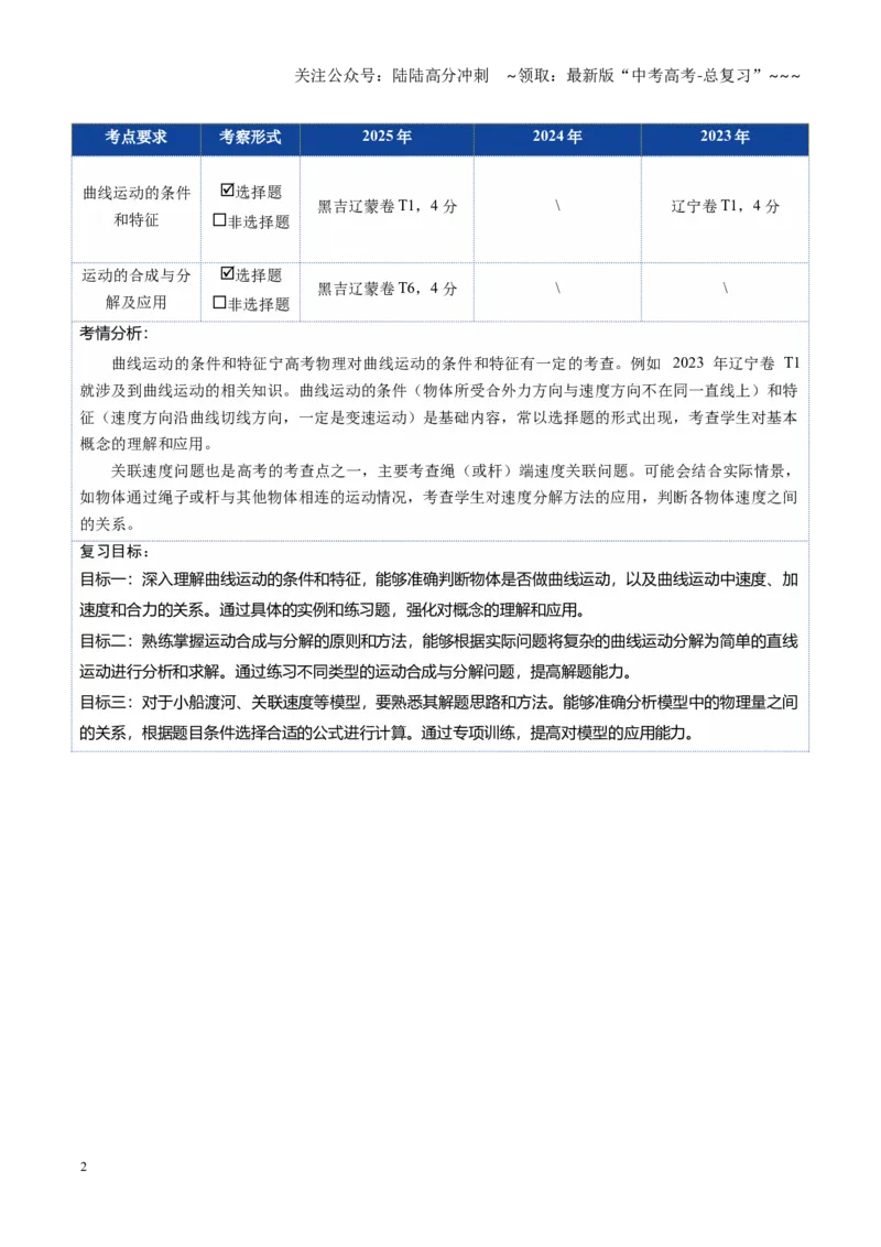 《第14讲曲线运动、运动的合成与分解（复习讲义）（黑吉辽蒙专用）（教师版）_04-物理-高考总复习_一轮复习_2026年-物理高考一轮复习》第2页预览
