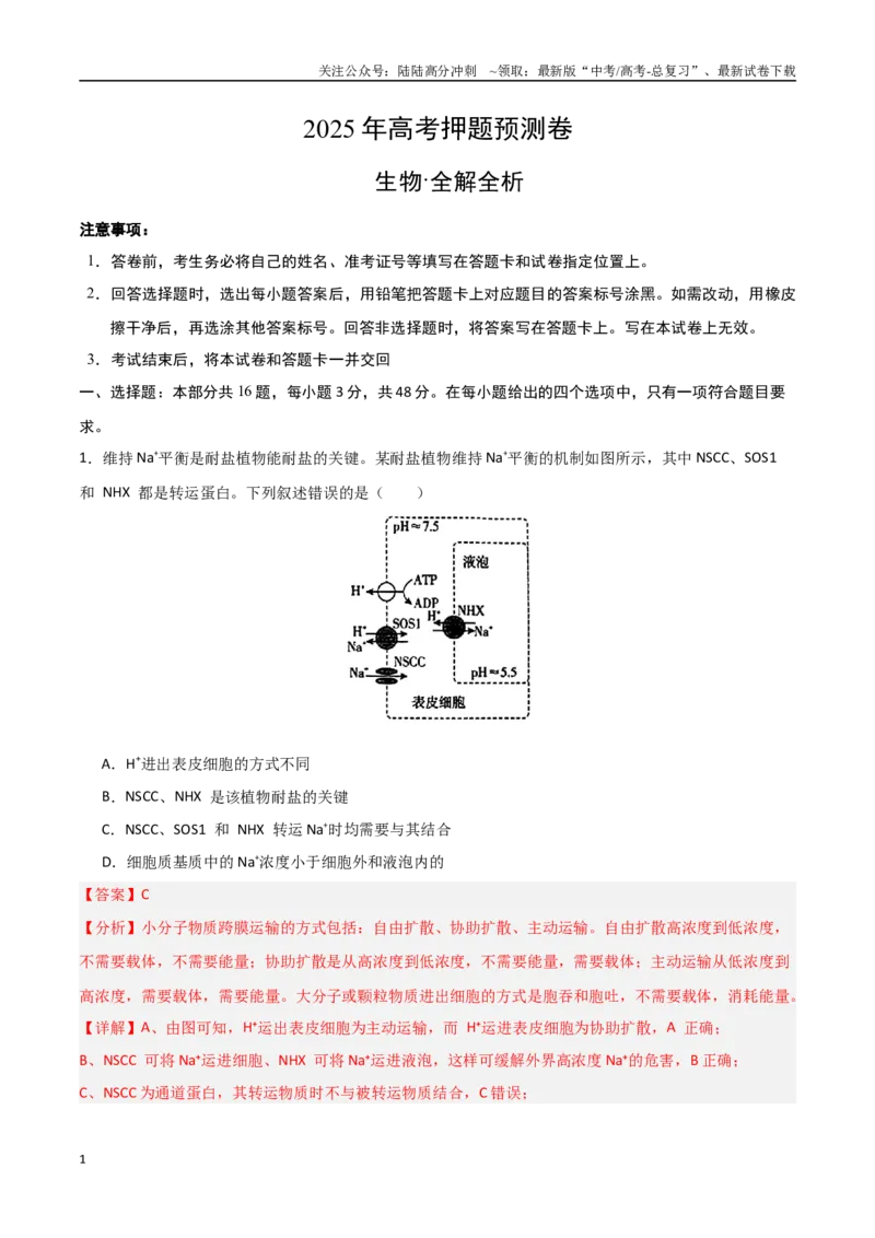 《生物（河南卷01）（全解全析）_06-生物-高考总复习_专项复习_2025年_2025年高考押题预测卷（多地区）生物》第1页预览