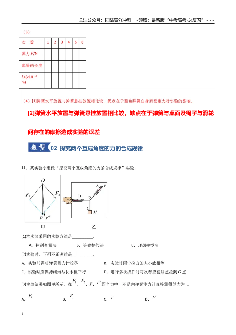 《第08讲实验：探究弹簧弹力与形变量的关系、实验：探究两个互成角度的力的合成规律（专项训练）（湖南通用）（教师版）_04-物理-高考总复习_一轮复习_2026年-物理高考一轮复习》第9页预览