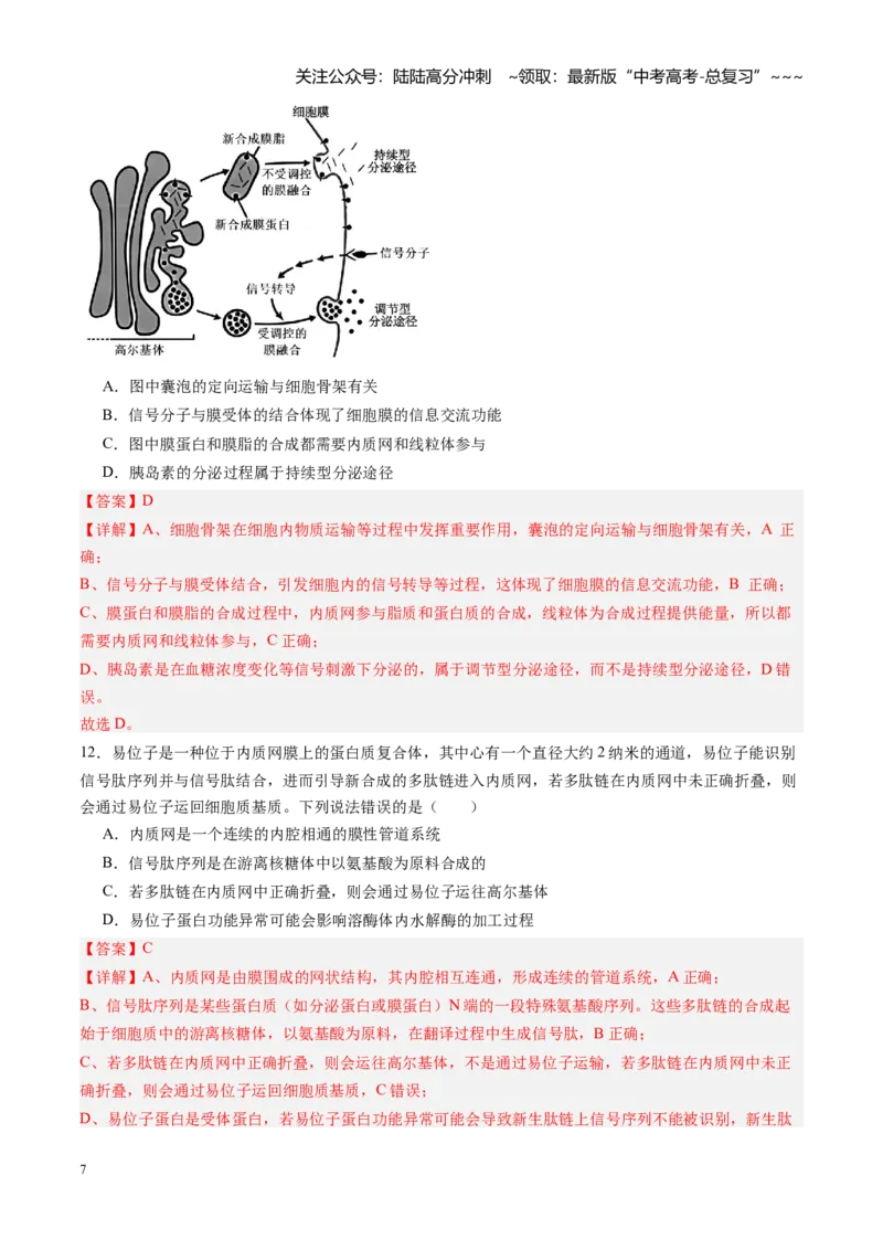 《第06讲细胞器之间的分工与合作（专项训练）（安徽专用）（教师版）_06-生物-高考总复习_一轮复习_2026年-生物高考一轮复习_2026年高考生物一轮课件+讲义+练习（安徽专用）-G326》第7页预览