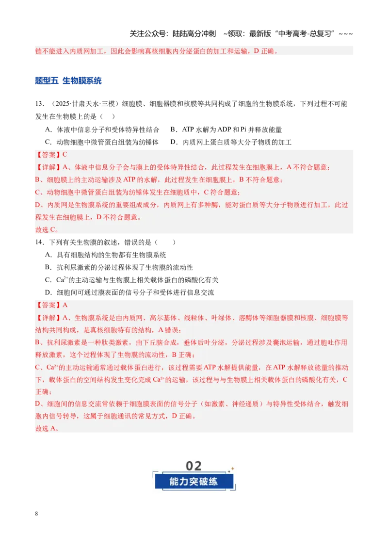 《第06讲细胞器之间的分工与合作（专项训练）（安徽专用）（教师版）_06-生物-高考总复习_一轮复习_2026年-生物高考一轮复习_2026年高考生物一轮课件+讲义+练习（安徽专用）-G326》第8页预览