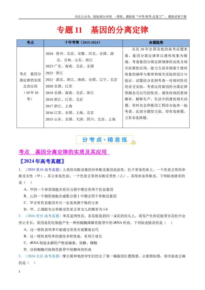 《专题11基因的分离定律-（全国通用）（原卷版）_06-生物-高考总复习_专项复习_2025年_十年（2015-2024）高考生物真题分类汇编（全国通用）》第1页预览