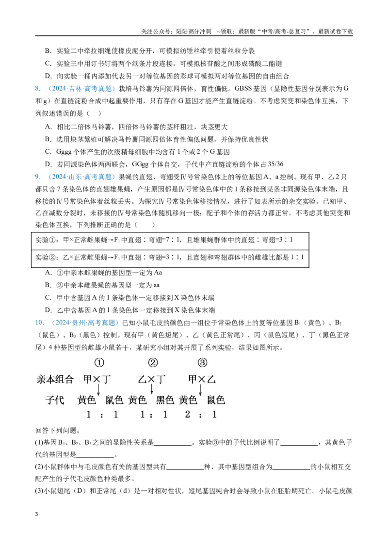 《专题11基因的分离定律-（全国通用）（原卷版）_06-生物-高考总复习_专项复习_2025年_十年（2015-2024）高考生物真题分类汇编（全国通用）》第3页预览