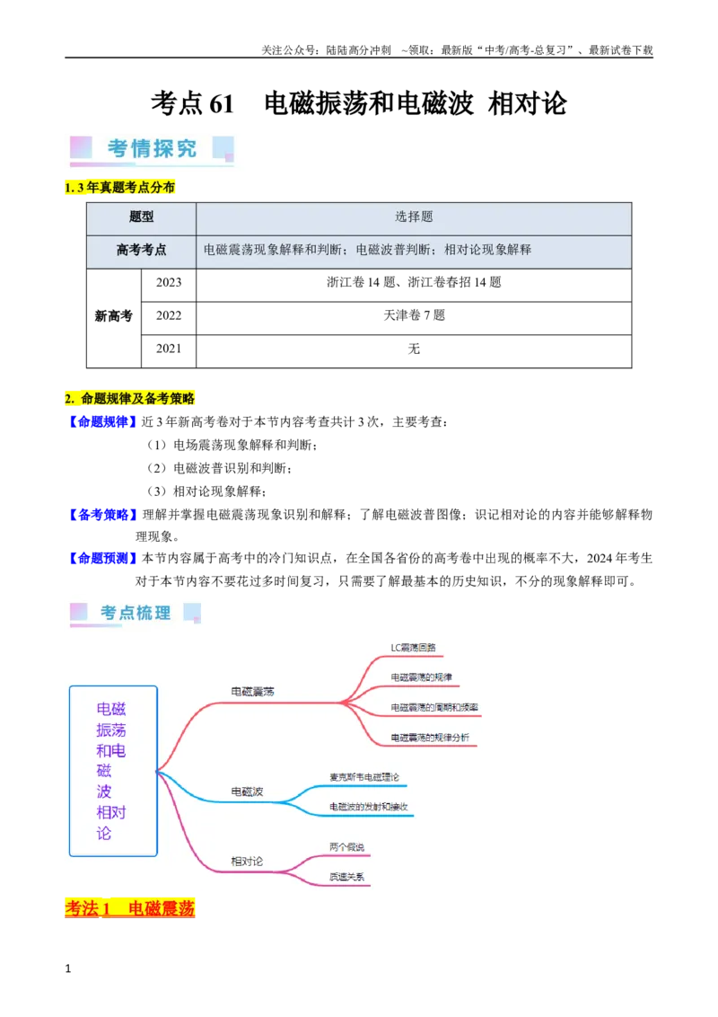 《考点61电磁振动和电磁波相对论（核心考点精讲+分层精练)原卷版_04-物理-高考总复习_一轮复习_2024年_2024年高考物理一轮复习考点帮（新高考专用）》第1页预览
