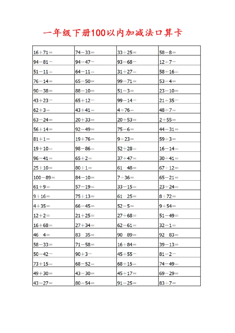《一（下）数学100以内加减法口算卡800道_1年级下册同步教辅_1下-数学_一下数学-口算计算》第1页预览