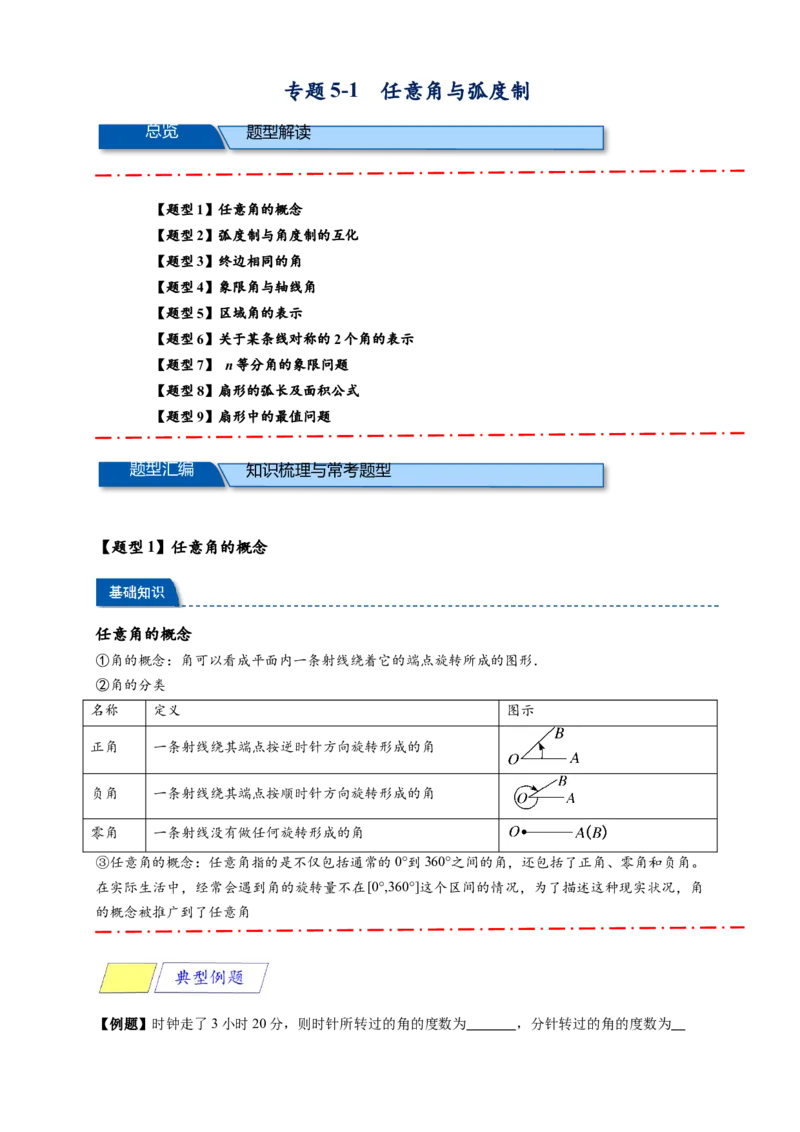 《专题5-1任意角与弧度制（解析版）_2027版高一《高频中档题专练》中等生讲义（数学）》第1页预览