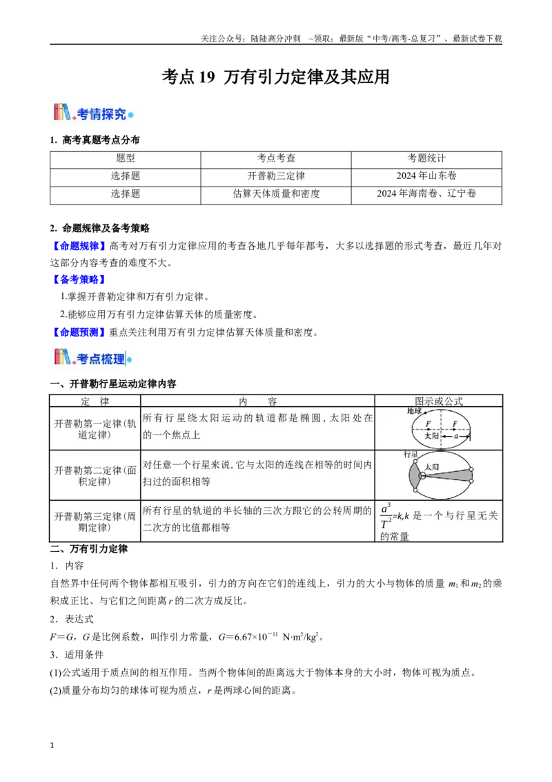 《考点19万有引力定律及其应用 （核心考点精讲精练）（教师版）_04-物理-高考总复习_一轮复习_2025年_2025年高考物理一轮复习考点精讲精练（新高考通用）》第1页预览
