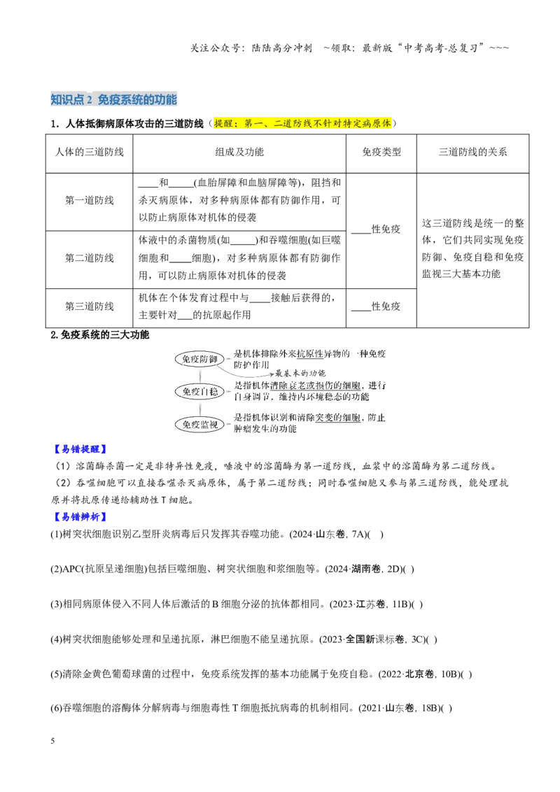 《第28讲免疫调节（复习讲义）（全国通用）（学生版）(1)_06-生物-高考总复习_一轮复习_2026年-生物高考一轮复习_2026年高考生物一轮复习讲义+练习+课件（新教材新高考）-G55_2026版》第5页预览