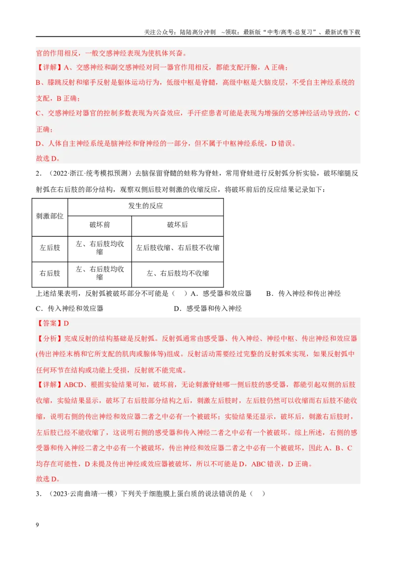 《解密15神经调节（分层训练）（解析版）_06-生物-高考总复习_二轮复习_2024年_2024年新教材高考生物二轮复习讲义分层训练题考点_资料》第9页预览
