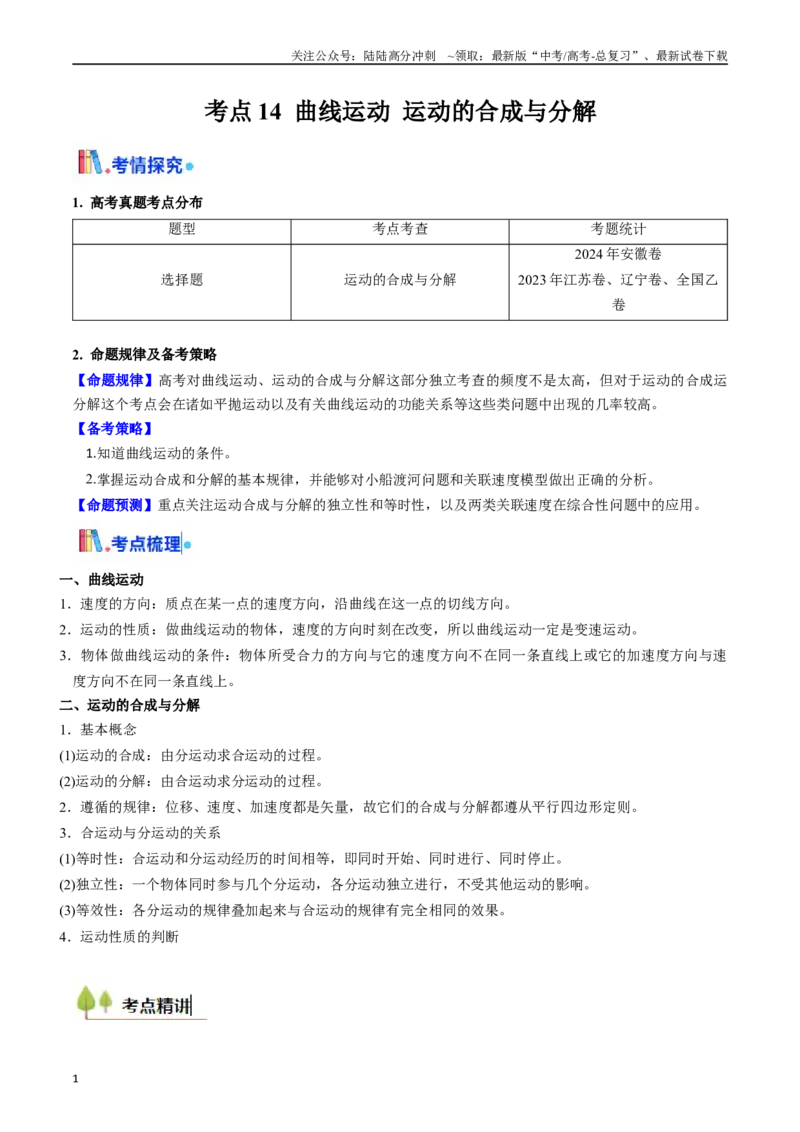《考点14曲线运动运动的合成与分解（核心考点精讲精练）（教师版）_04-物理-高考总复习_一轮复习_2025年_2025年高考物理一轮复习考点精讲精练（新高考通用）》第1页预览