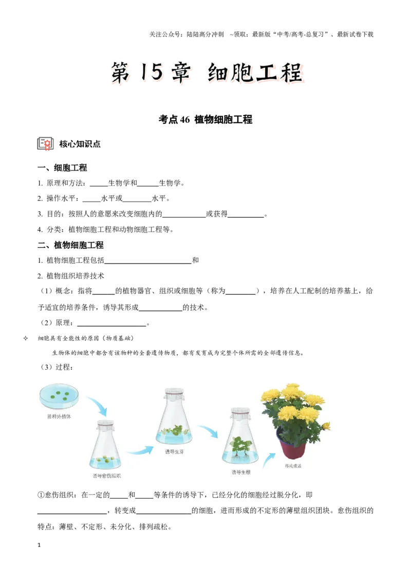 《考点46植物细胞工程（讲义）（原卷版）_06-生物-高考总复习_一轮复习_2024年_2023-2024学年高三生物一轮复习_资料》第1页预览