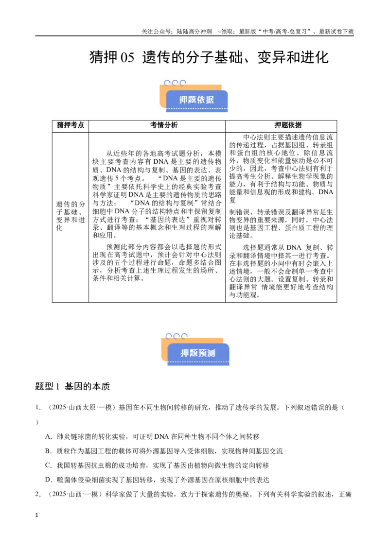 《猜押05遗传的分子基础、变异和进化（学生版）_06-生物-高考总复习_专项复习_2025年_2025年高考生物抢押秘籍（陕西、山西、宁夏、青海专用）》第1页预览