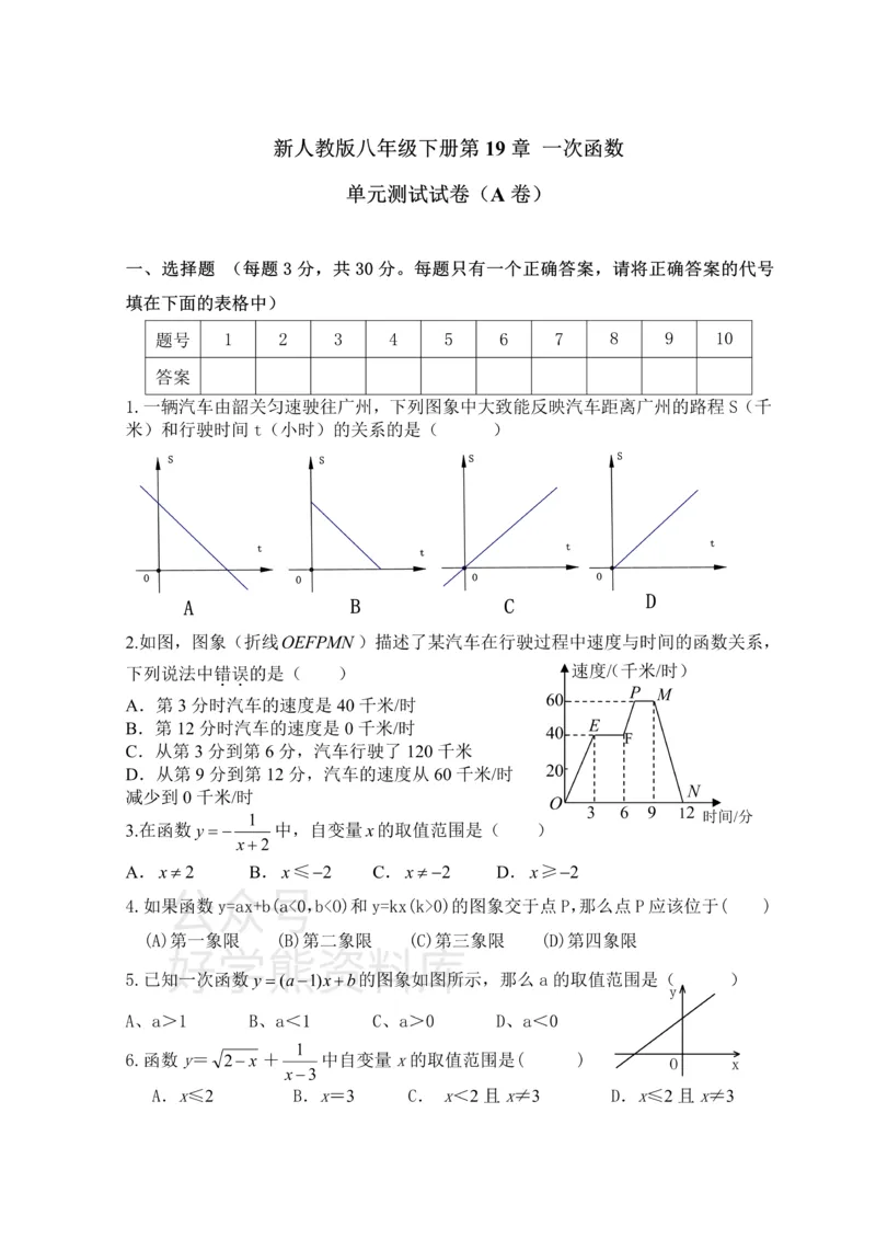 《新人教版八年级下册第19章一次函数单元测试试卷（A卷）_初中数学期中卷+期末卷+单元卷+月考卷_初中数学单元测试_人教版_人教版_人教版8下数学单元测试》第1页预览