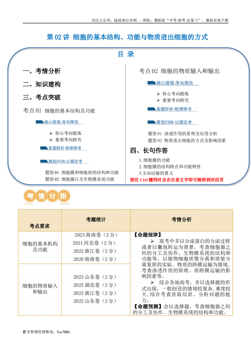 《第02讲细胞的基本结构、功能与物质进出细胞的方式（讲义）解析版_06-生物-高考总复习_二轮复习_2024年_2024年高考生物二轮复习讲练测（新教材新高考）_配套讲义》第1页预览