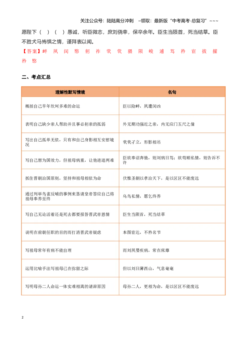 《第29练选择性必修下册《陈情表》理解性默写（教师版)_专项复习_2026年-语文专项复习_2026年高考语文古诗文名句名篇默写每日一练（统编版）-G182_资料_2026版》第2页预览