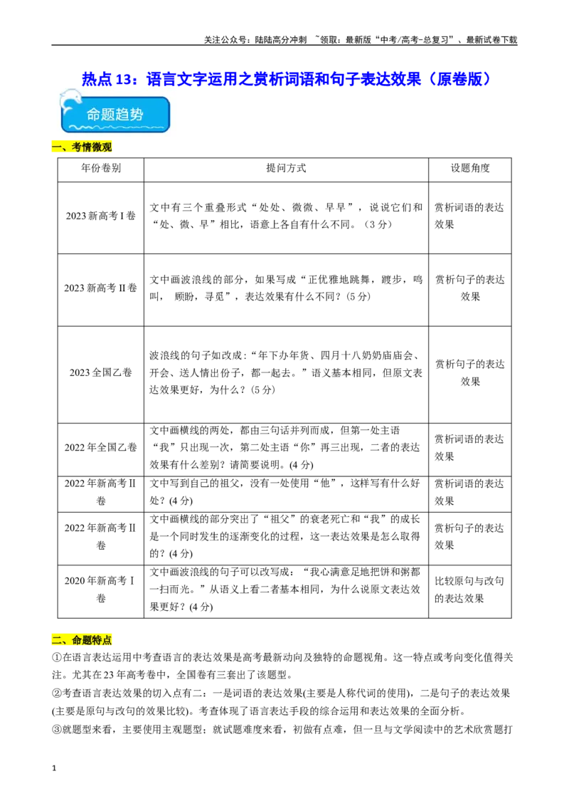 《热点13：语言文字运用之赏析词语和句子表达效果（学生版）_专项复习_2024年_2024年高考语文热点·重点·难点专练（新高考专用》第1页预览