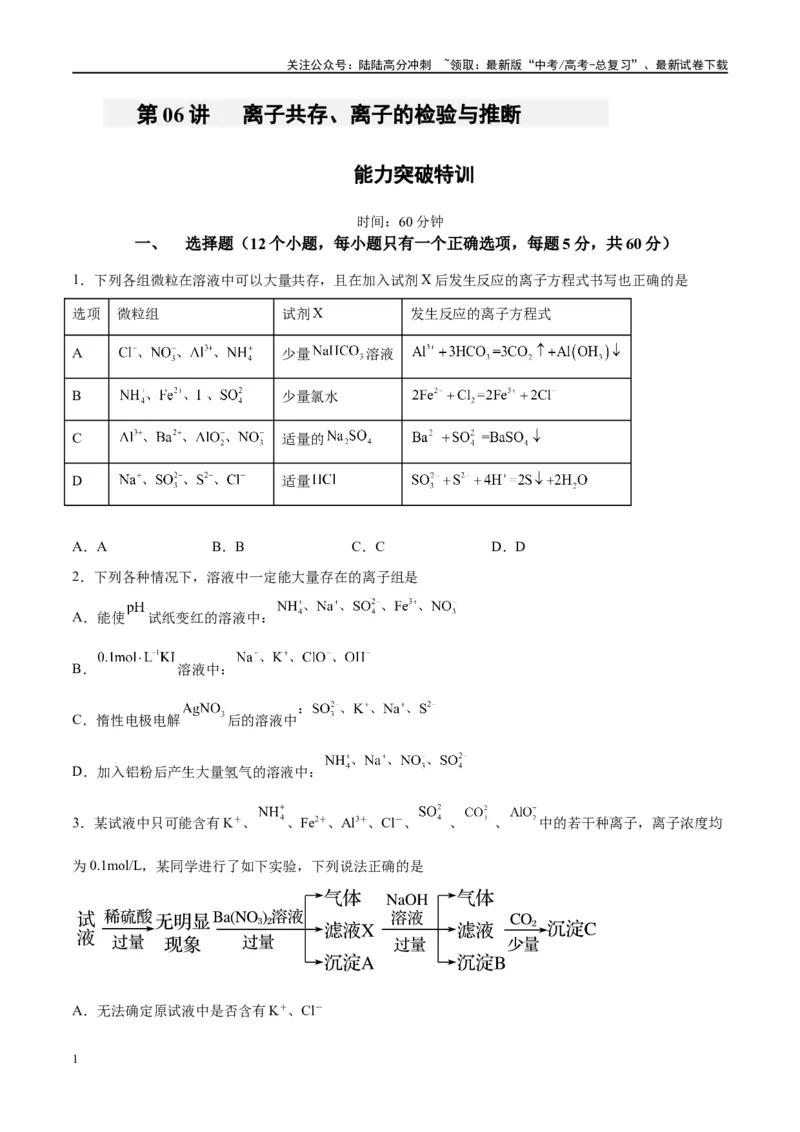 《第06讲离子共存、离子的检验与推断（特训）-（原卷版）_05-化学-高考总复习_一轮复习_2024年_2024年高考化学大一轮复习卓越讲义_资料》第1页预览