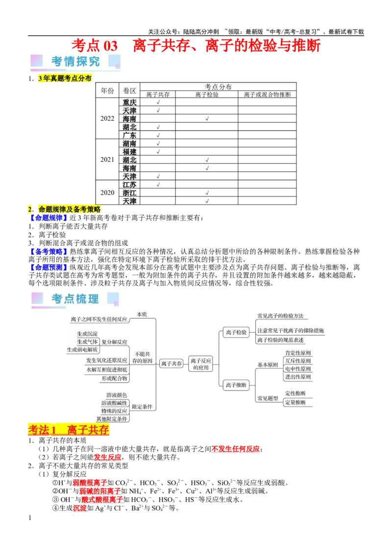 《考点03离子共存、离子的检验与推断（核心考点精讲精练）-备战2024年高考化学一轮复习考点帮（新高考专用）（教师版）_05-化学-高考总复习_一轮复习_2024年_第1章物质及其变化》第1页预览
