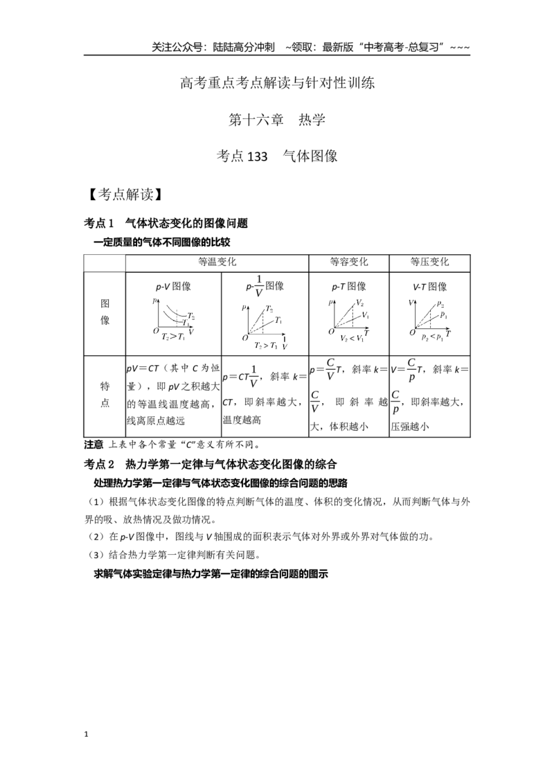 《考点133气体图像（教师版）_04-物理-高考总复习_一轮复习_2026年-物理高考一轮复习_2026年高考物理一轮复习重点考点解读与针对性精讲练-G449_资料_2026版》第1页预览