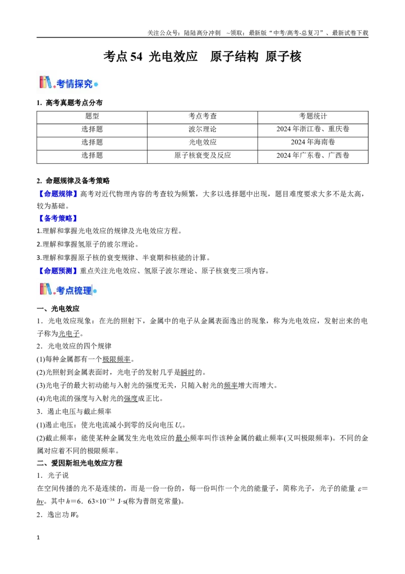 《考点54光电效应 原子结构原子核（核心考点精讲精练）（学生版）_04-物理-高考总复习_一轮复习_2025年_2025年高考物理一轮复习考点精讲精练（新高考通用）》第1页预览