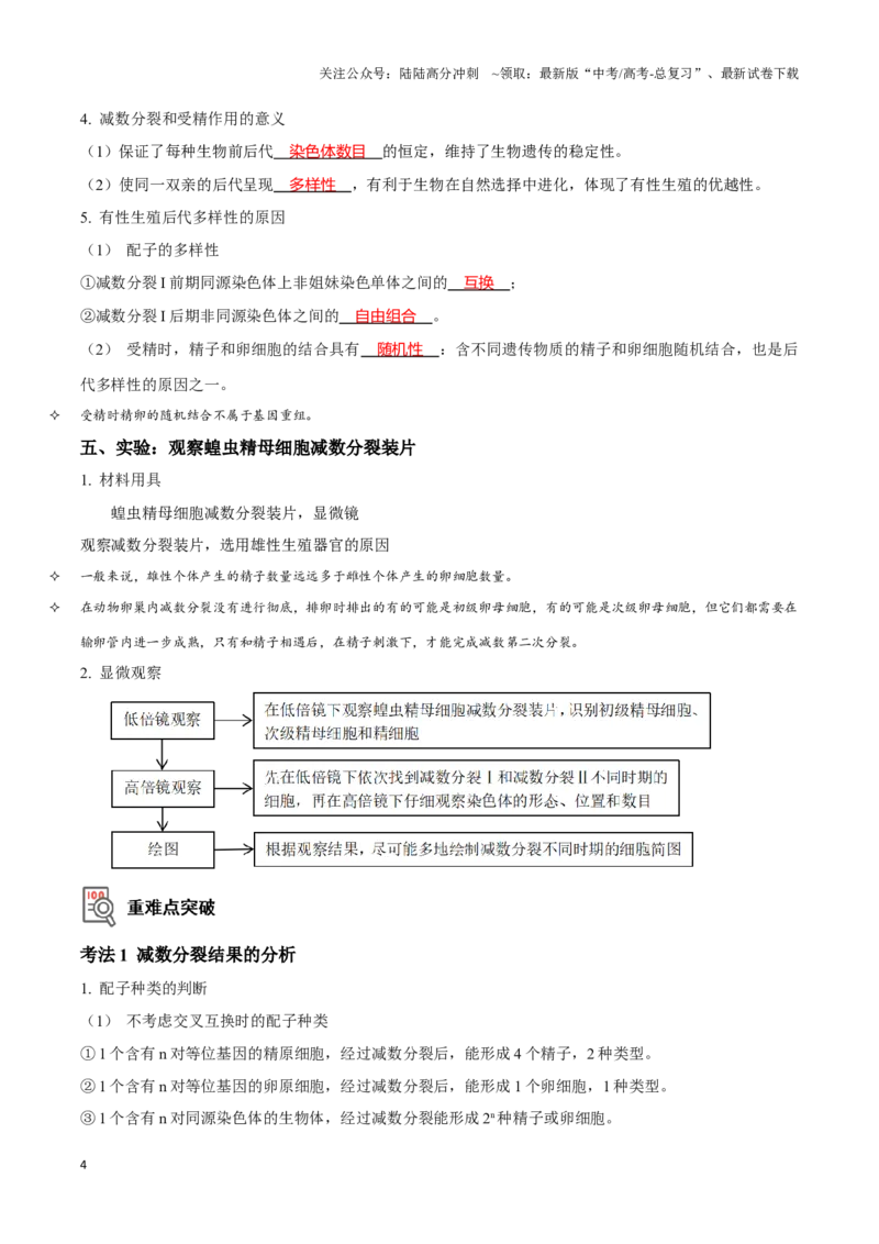 《考点17减数分裂和受精作用（讲义）（解析版）_06-生物-高考总复习_一轮复习_2024年_2023-2024学年高三生物一轮复习_资料》第4页预览
